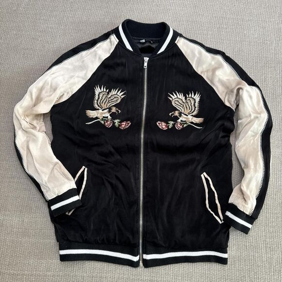 Black Satin Bomber Jacket w/ Embroidered Hawk + Rose Patches Japanese Style XS - Picture 1 of 8